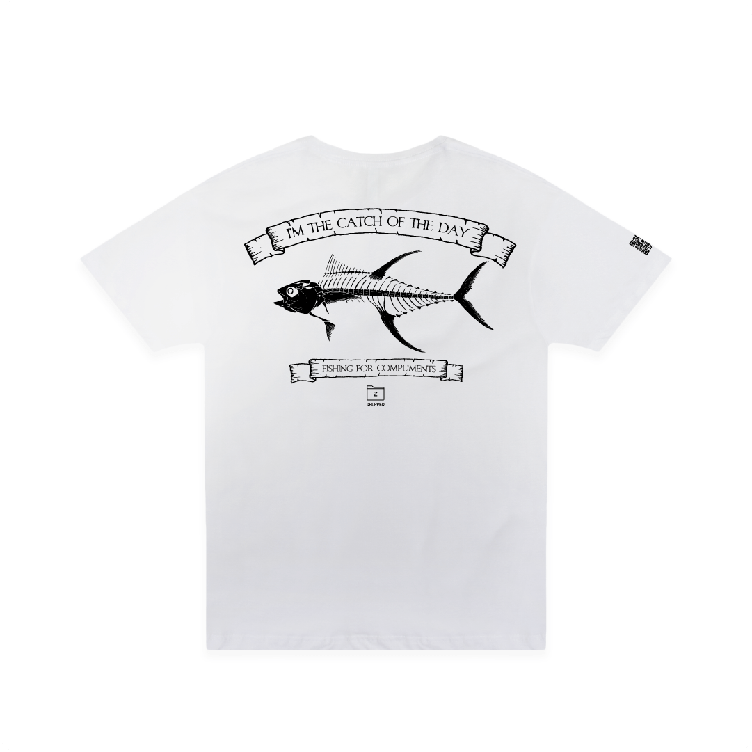 Z_DROPPED - Mens, Unisex - White - Tuna Bones Tee. - By: Jose Hurtado