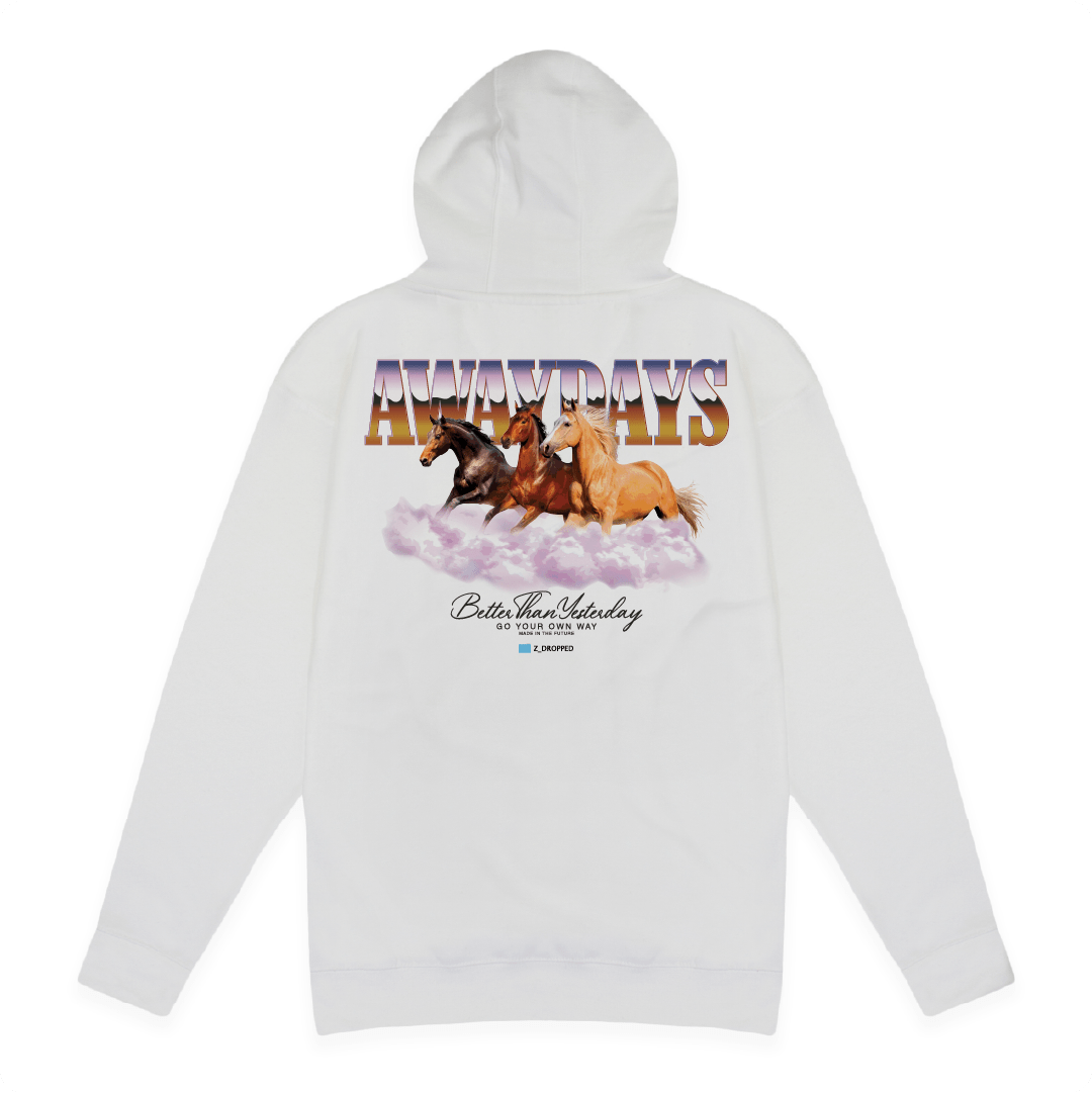 Rear view of a unisex white hoodie with three horses graphic with Away Days text on a white background