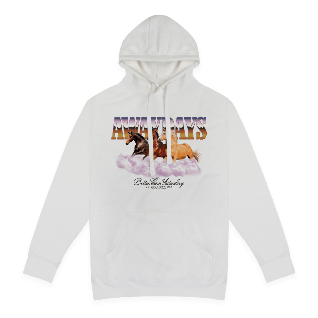 Front view of a unisex white hoodie with three horses graphic with Away Days text on a white background