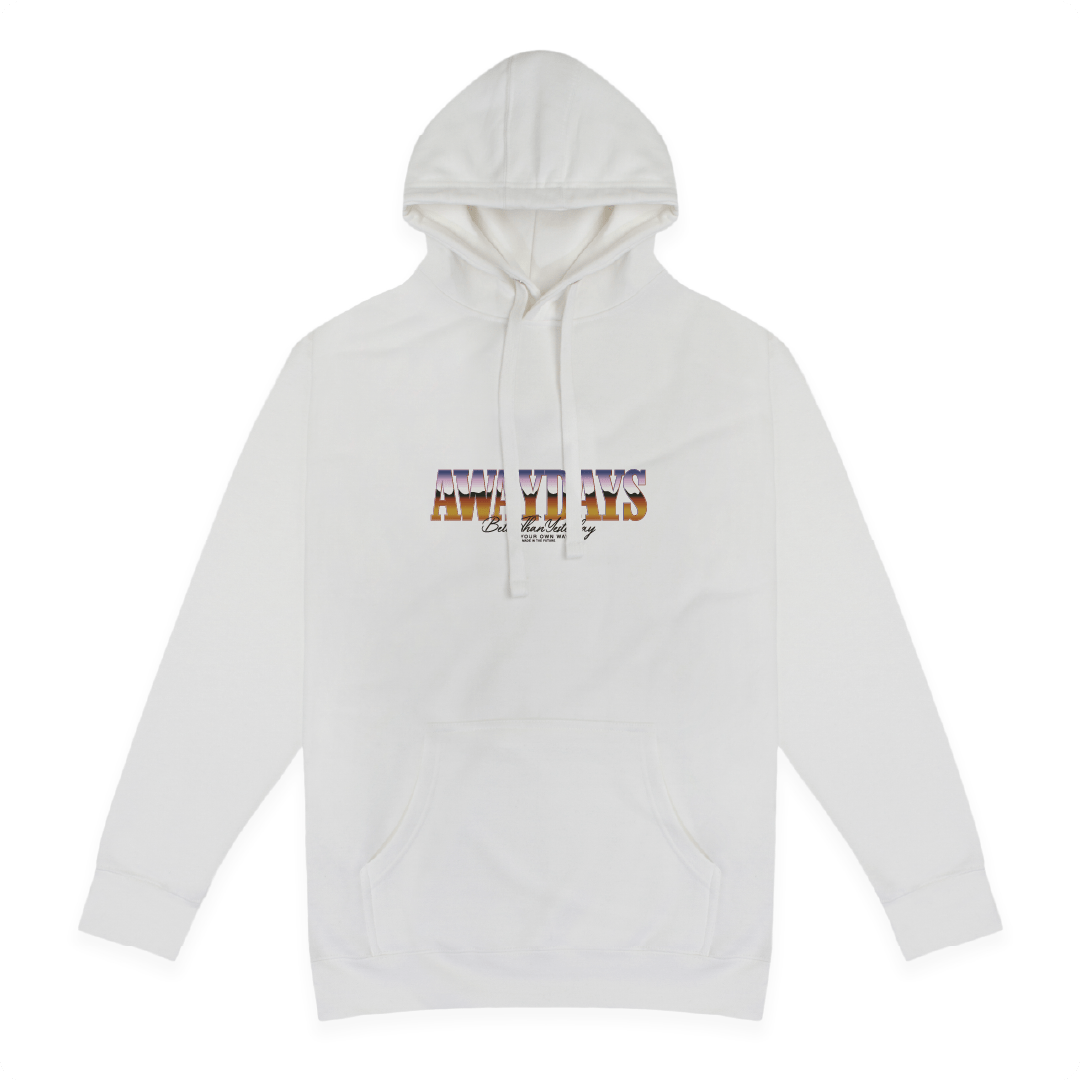 Front view of a unisex white hoodie with Away Days text on the front on a white background