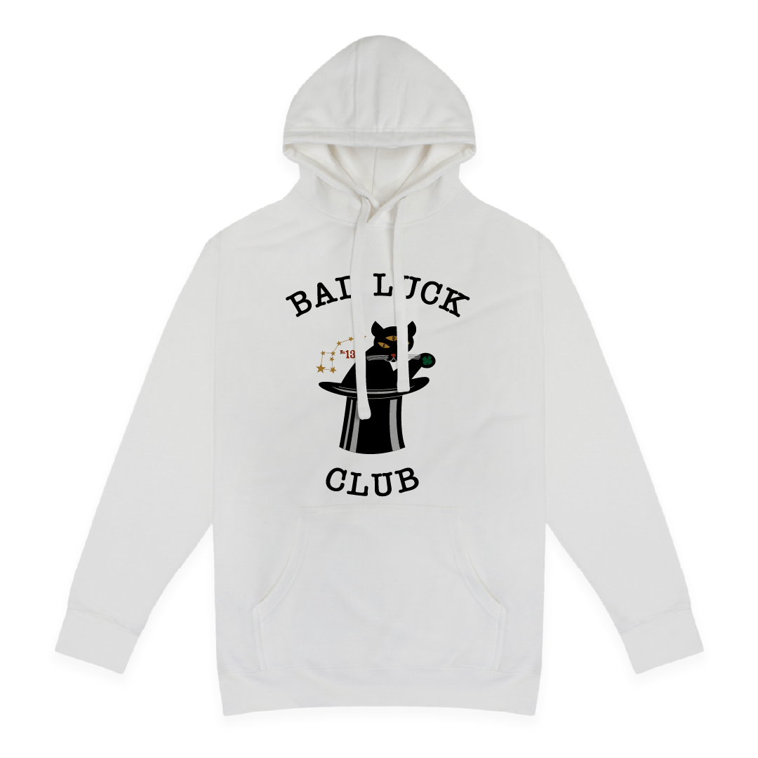 Front view of a unisex white hoodie with 'Bad Luck Club' design featuring a cat in a top hat and death clover.