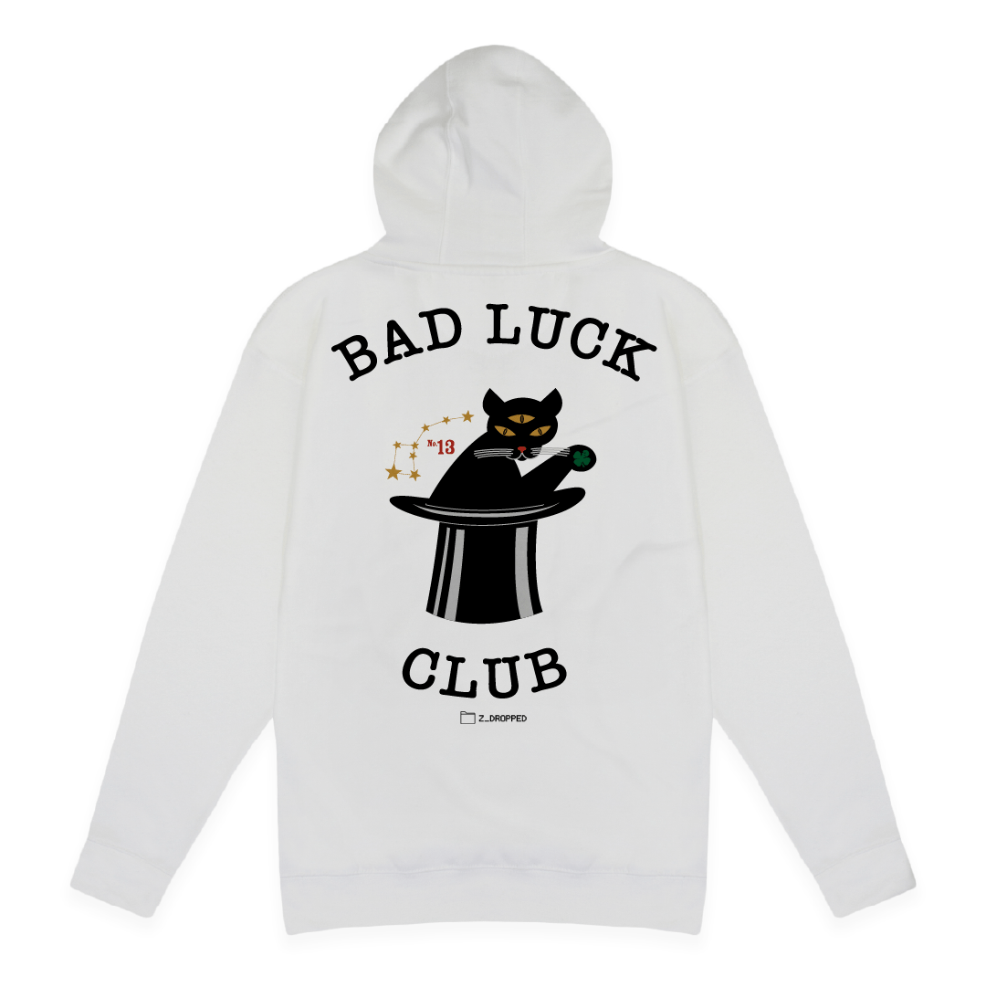 Rear view of a unisex white hoodie with 'Bad Luck Club' design featuring a cat in a top hat and death clover.