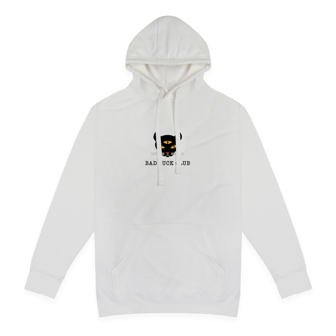 Front view of a unisex white hoodie with 'Bad Luck Club' design featuring a three eyed cat centered on the front.