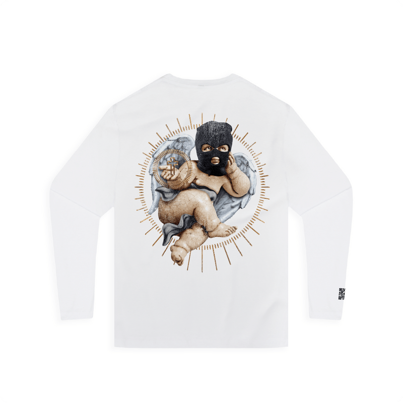 Rear view of a unisex white long sleeve tee shirt with a cherub graphic  on a white background