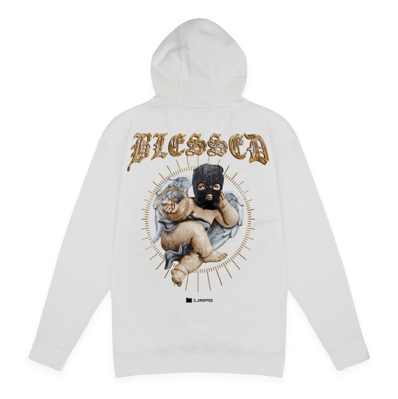 Rear view of a unisex white hoodie with a cherub graphic and BLESSED text on the front on a white background