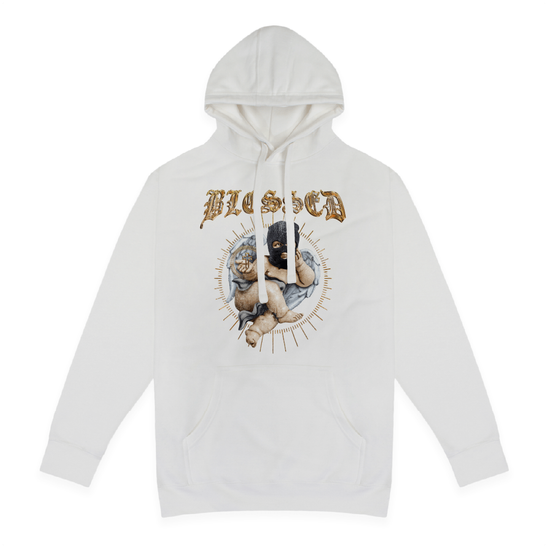 Front view of a unisex white hoodie with a cherub graphic and BLESSED text on the front on a white background