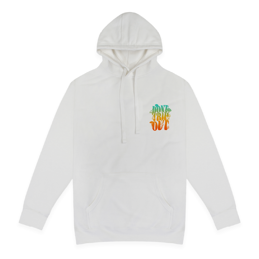 Front view of a white hoodie with colorful Dont Trip Out design on the front chest on a white background
