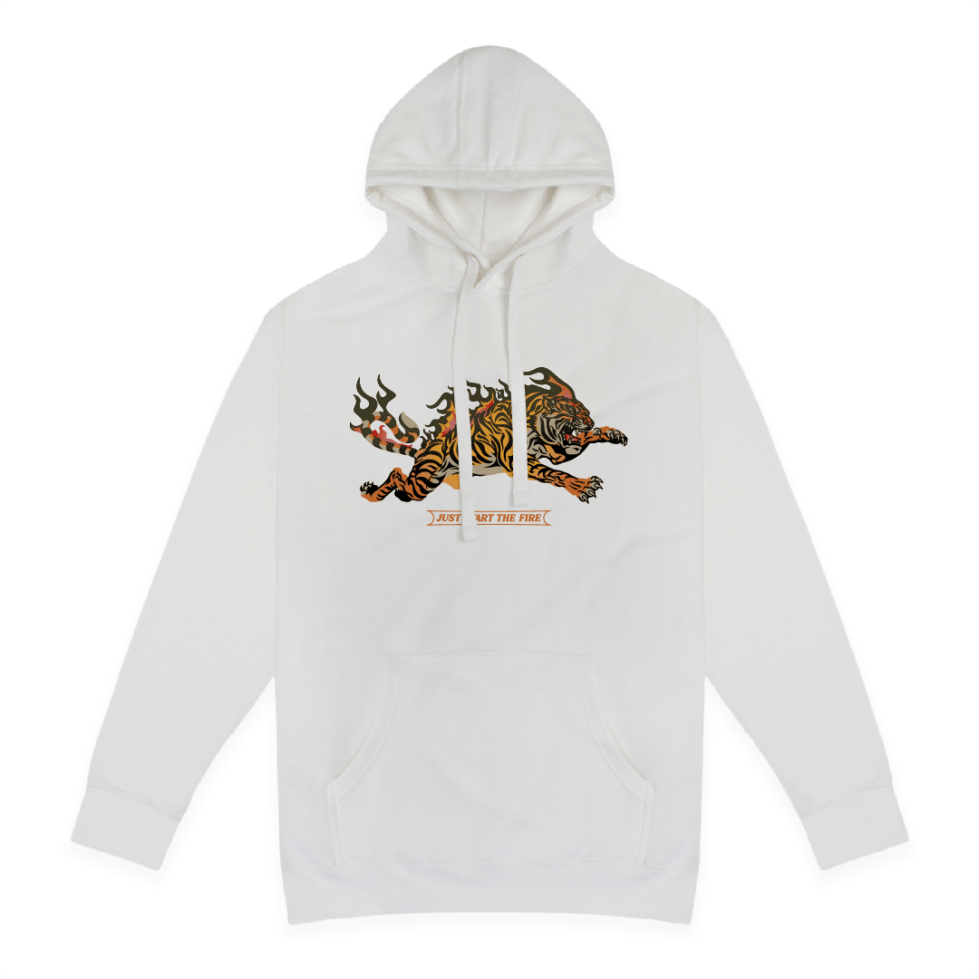 Front view of a unisex white hoodie with a large flaming leaping tiger graphic on the chest against a white background