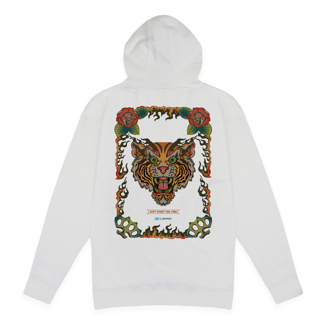 Rear view of a unisex white hoodie with a colorful flaming tiger design on a white background
