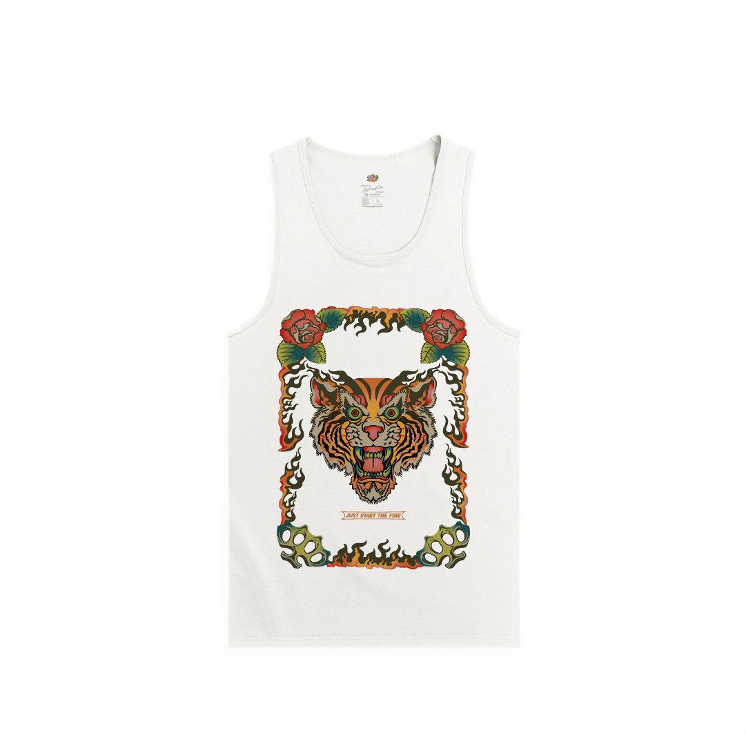 White tank top with a colorful tiger design on a white background
