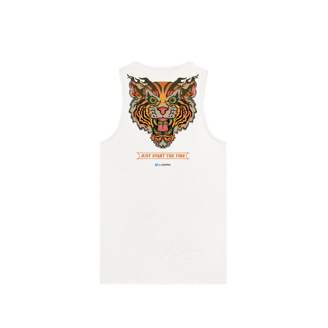White tank top with a tiger graphic and text on a white background