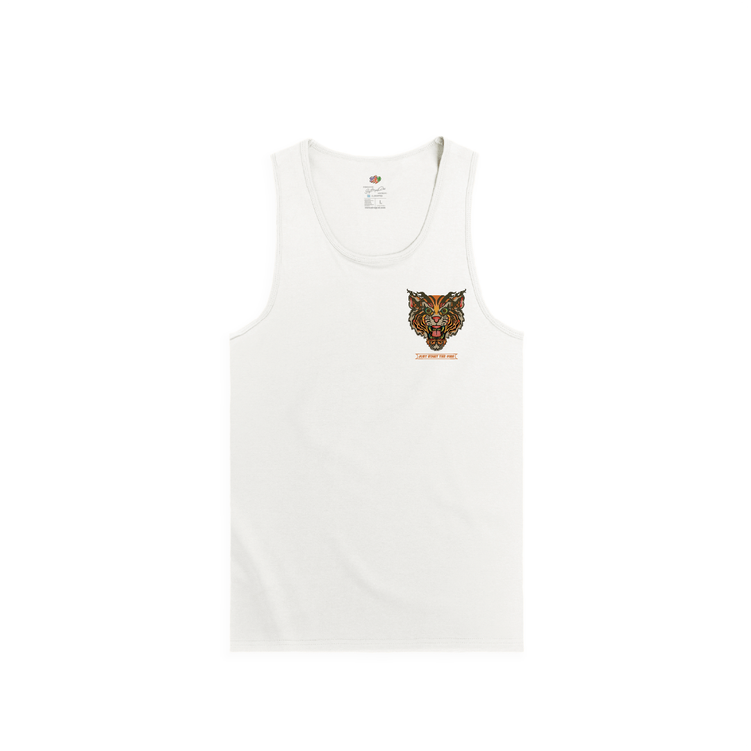 White tank top with a small logo on the chest against a white background