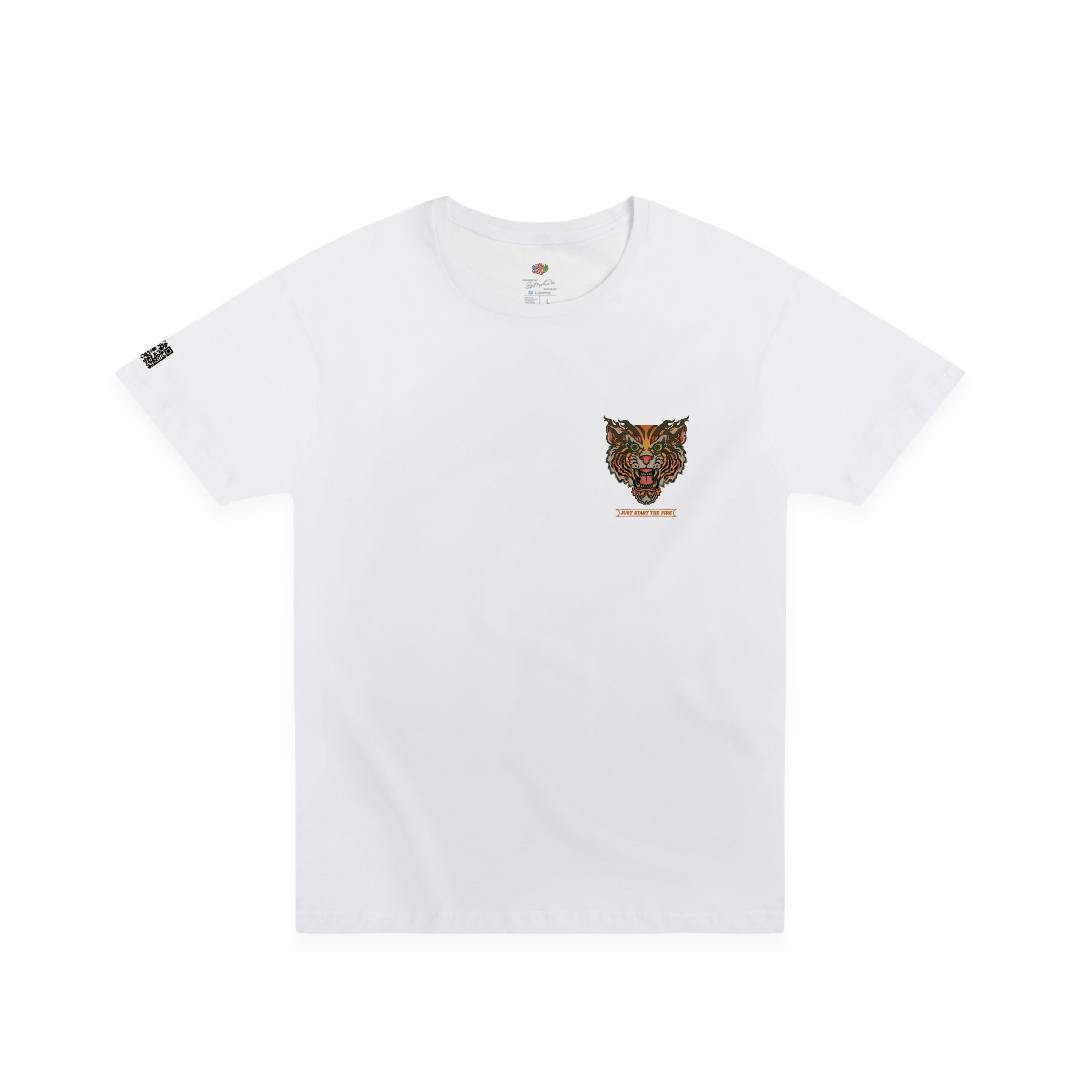 White t-shirt with a tiger logo on a white background