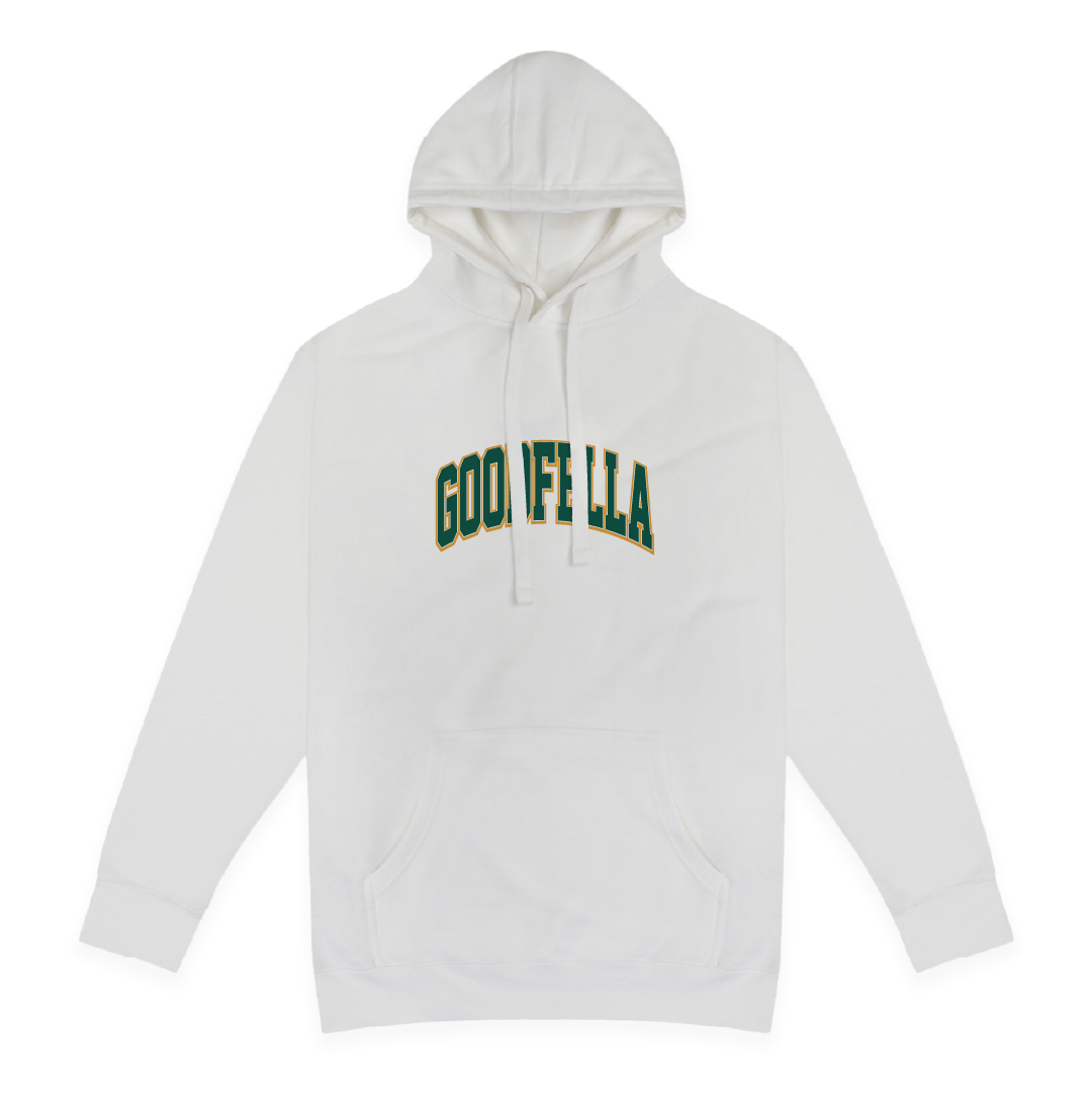 Front view unisex White hoodie with 'Goodfella' text in green on a white background