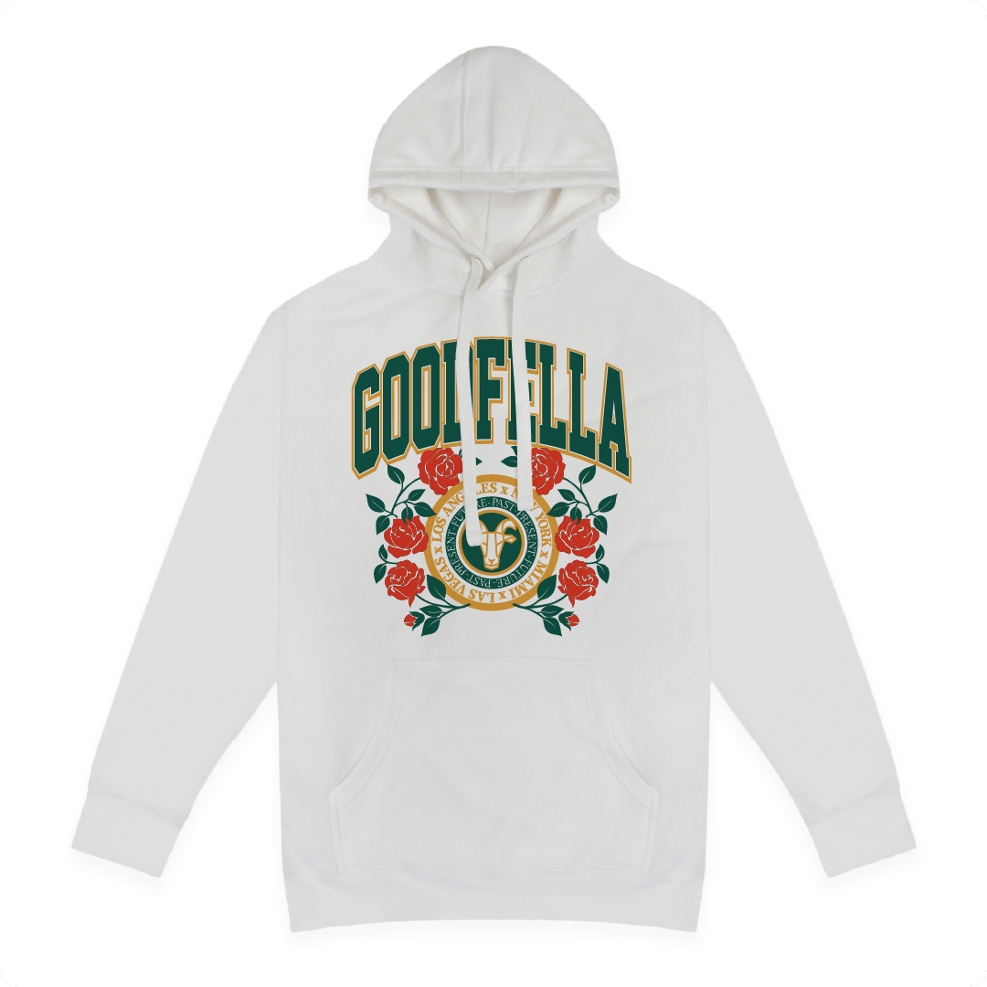 Front view of a unisex white hoodie with 'GOODFELLA' logo on the front on a white background