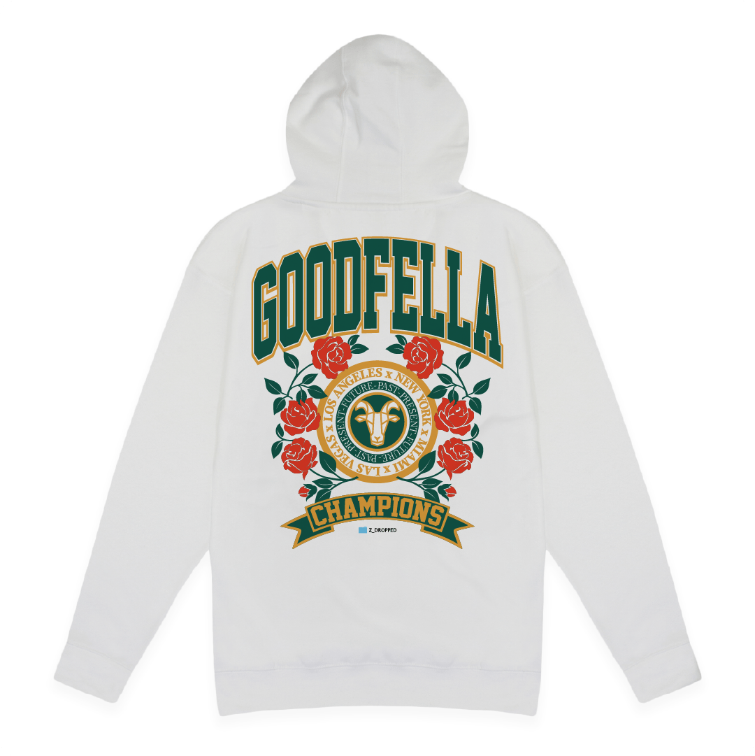 Rear view unisex White hoodie with 'GOODFELLA' and 'Champions' design on a white background