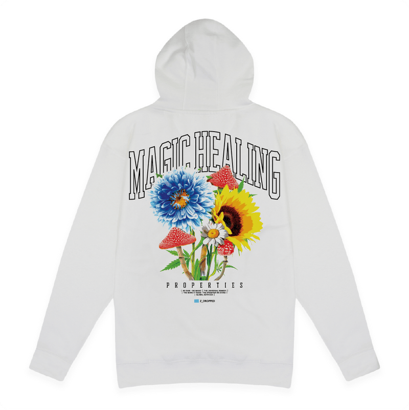 Rear view of a unisex white hoodie with floral design and Magic Healing text on a white background