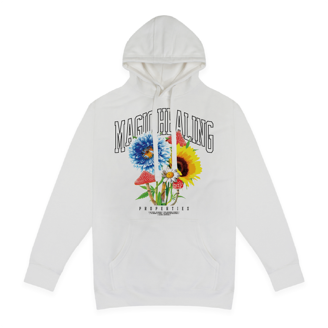 Front view of a unisex white hoodie with floral design and Magic Healing text on a white background