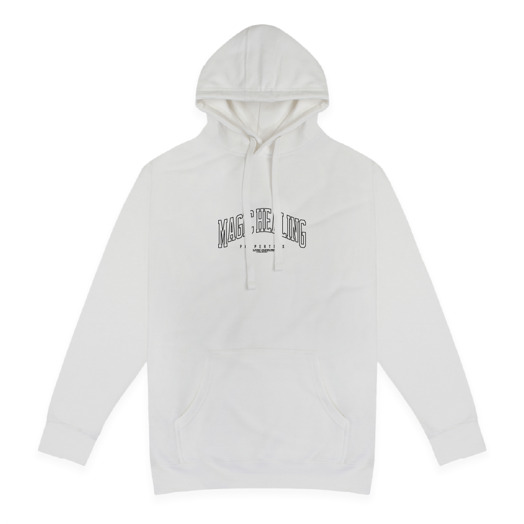 Front view of a unisex white hoodie with Magic Healing text on a white background