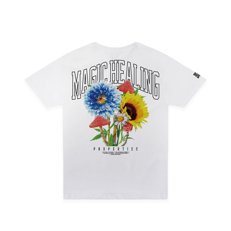 Rear view of a unisex white short sleeved shirt with flowers magic mushrooms and large 'Magic Healing' black text.