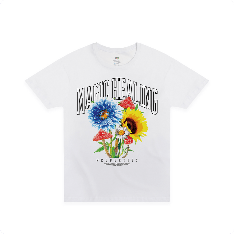 Front view of a unisex white short sleeved shirt with flowers magic mushrooms and large 'Magic Healing' black text.