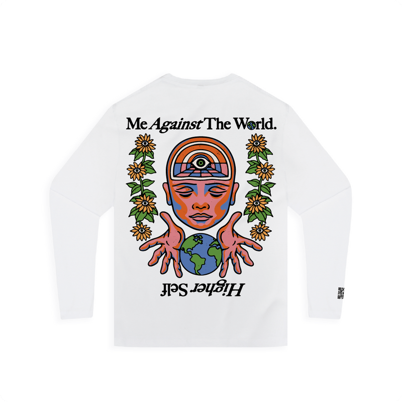 Rear view of a white long-sleeve shirt with a higher self graphic design and text on a white background