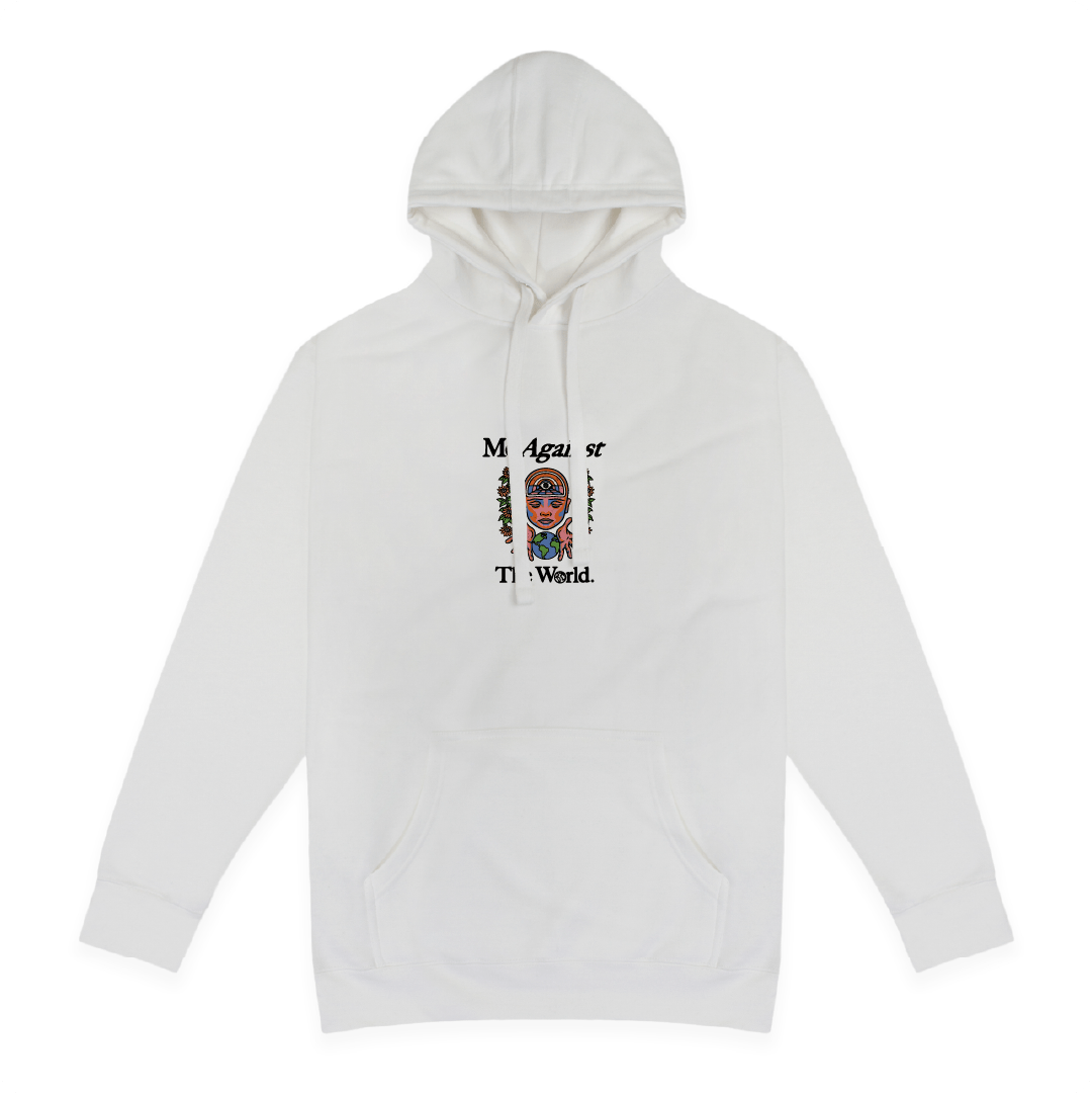 Front view of a unisex white hoodie with a small colorful floral graphic and Me Against The World text on a white background