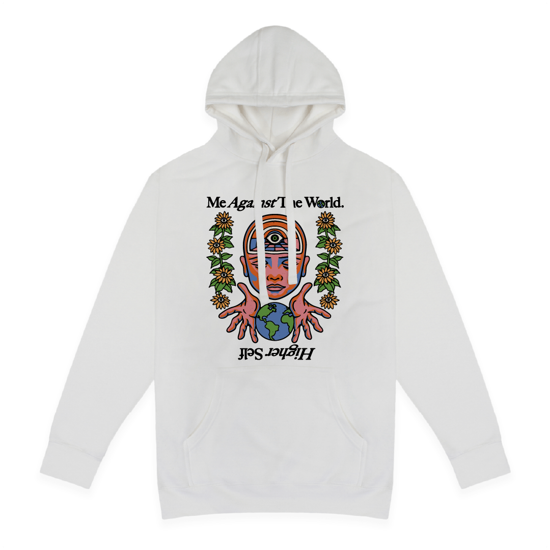 Front view of a unisex white hoodie with a large colorful floral graphic and Me Against The World text on a white background