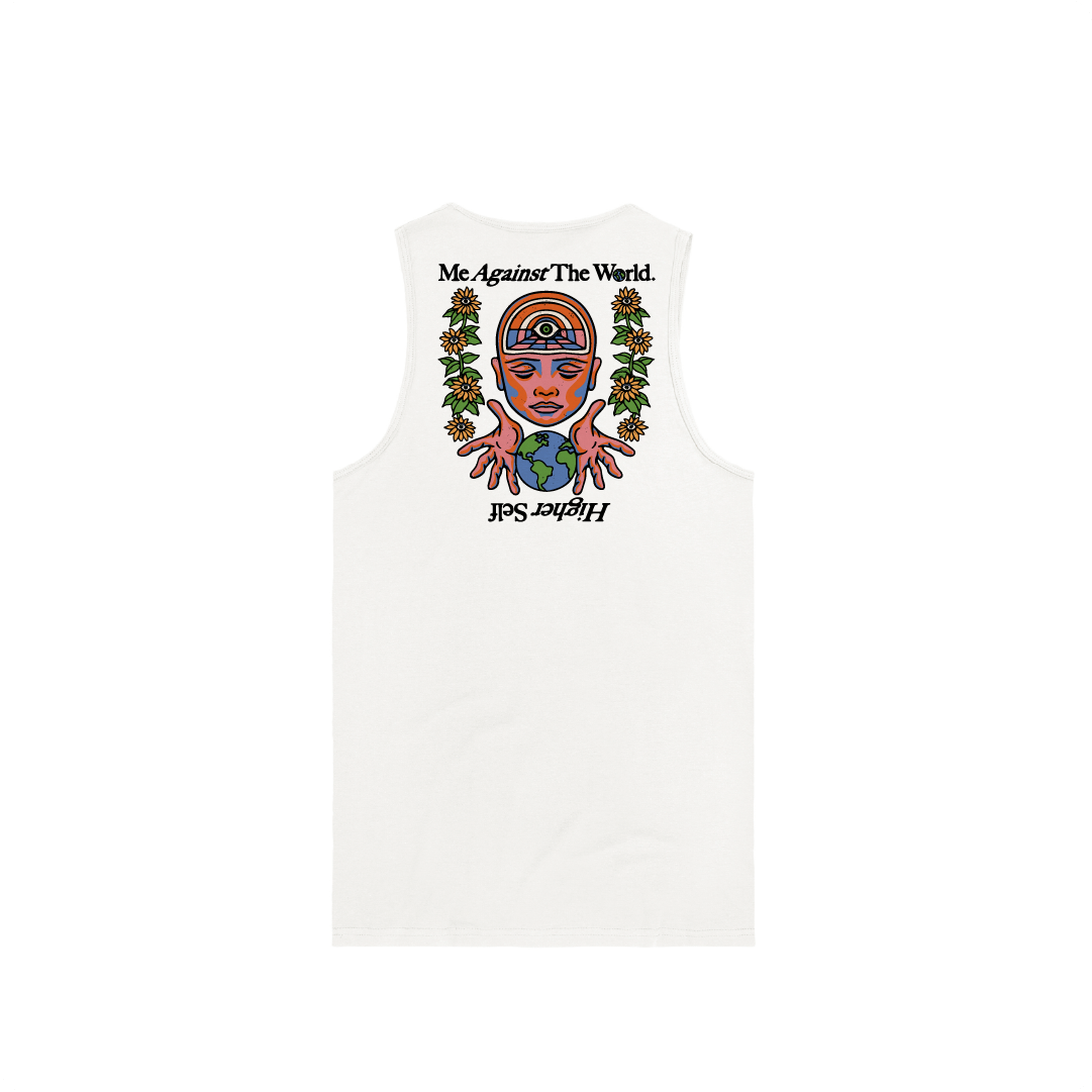 Rear view of a white tank top with a graphic design of a face holding the world and text on a white background