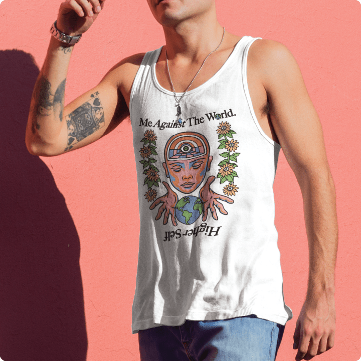 Person wearing a white tank top with a graphic design against a pink background