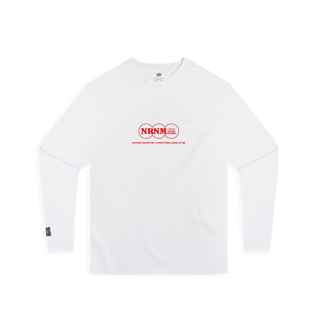 White long-sleeve shirt with red logo on a white background