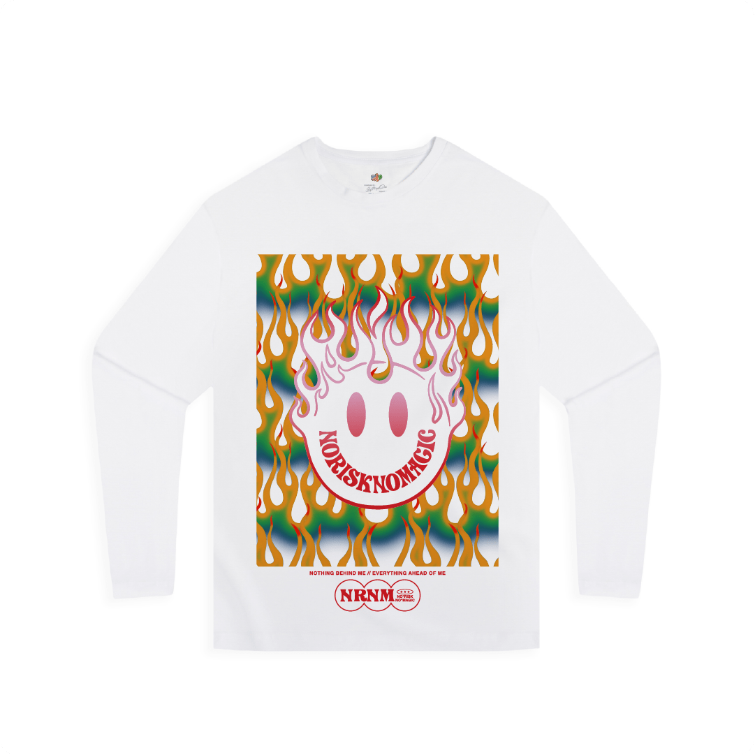 White long-sleeve shirt with colorful flame design and logo on a white background