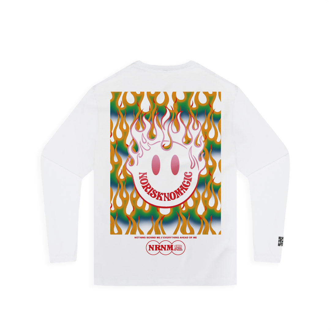 White long-sleeve shirt with colorful happy face and flames design on a white background