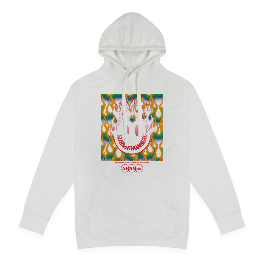 Front view of a unisex white hoodie with a large red flaming smiley face on a white background