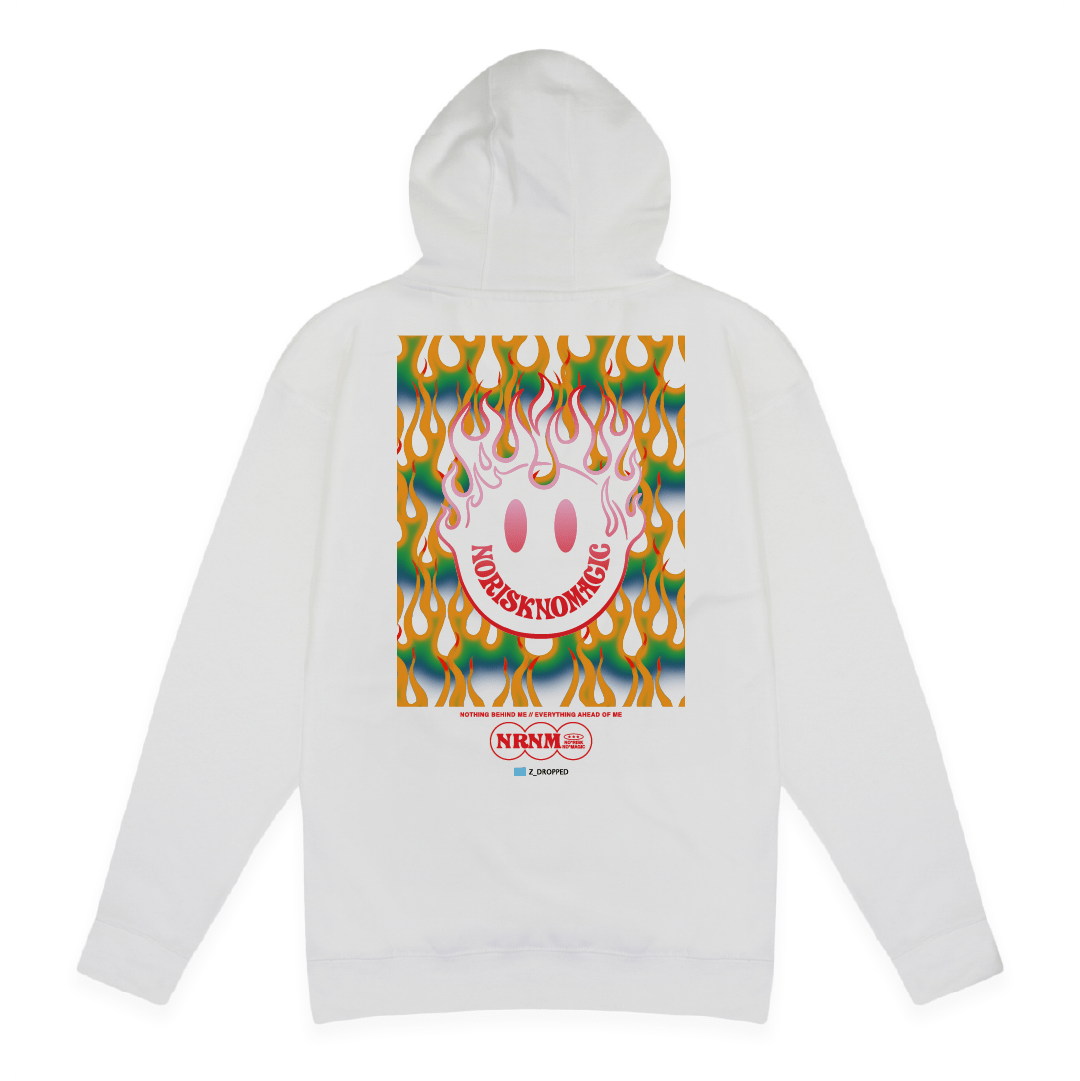 Rear view of a unisex white hoodie with a large red flaming smiley face on a white background