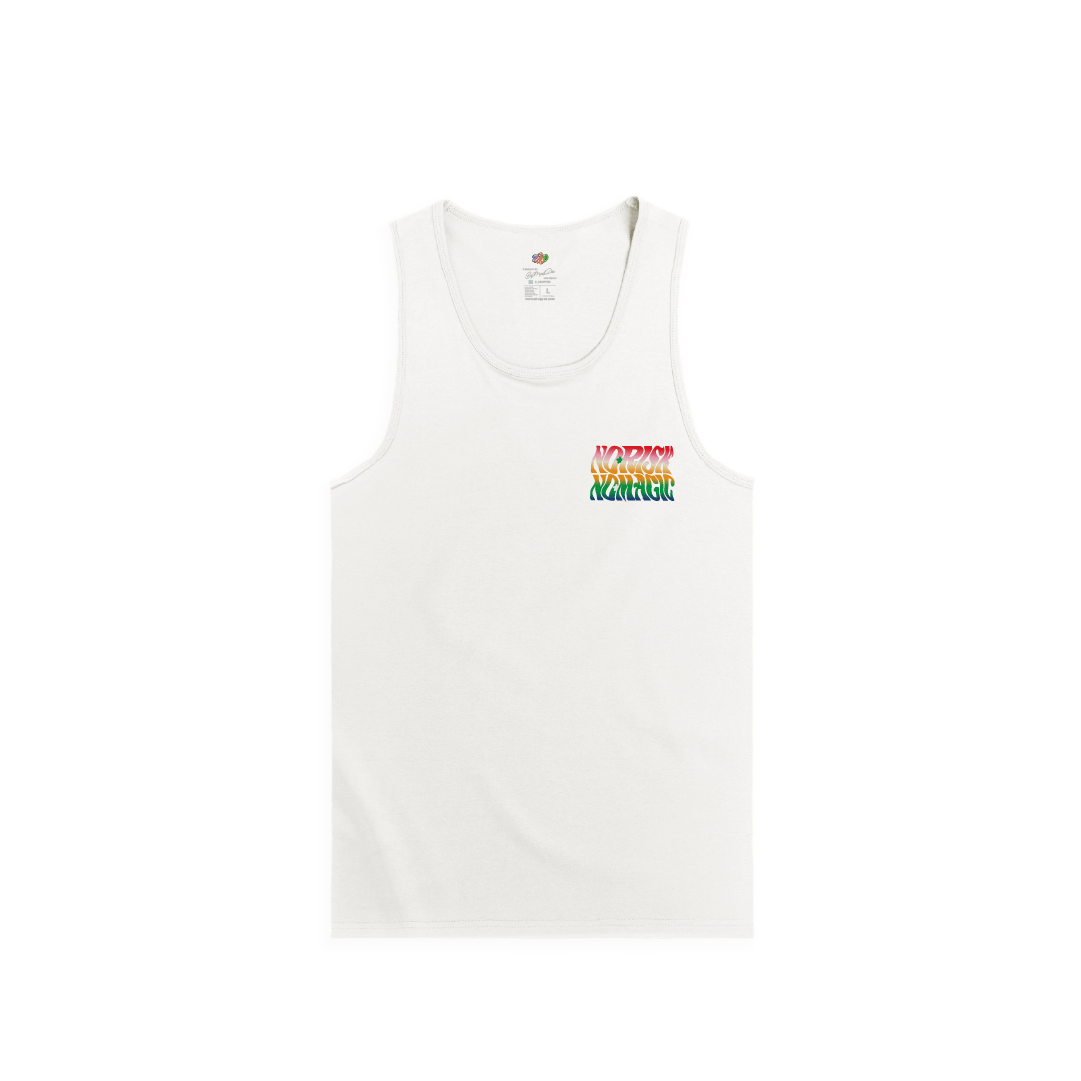 White tank top with no risk, no magic colorful text on a white background