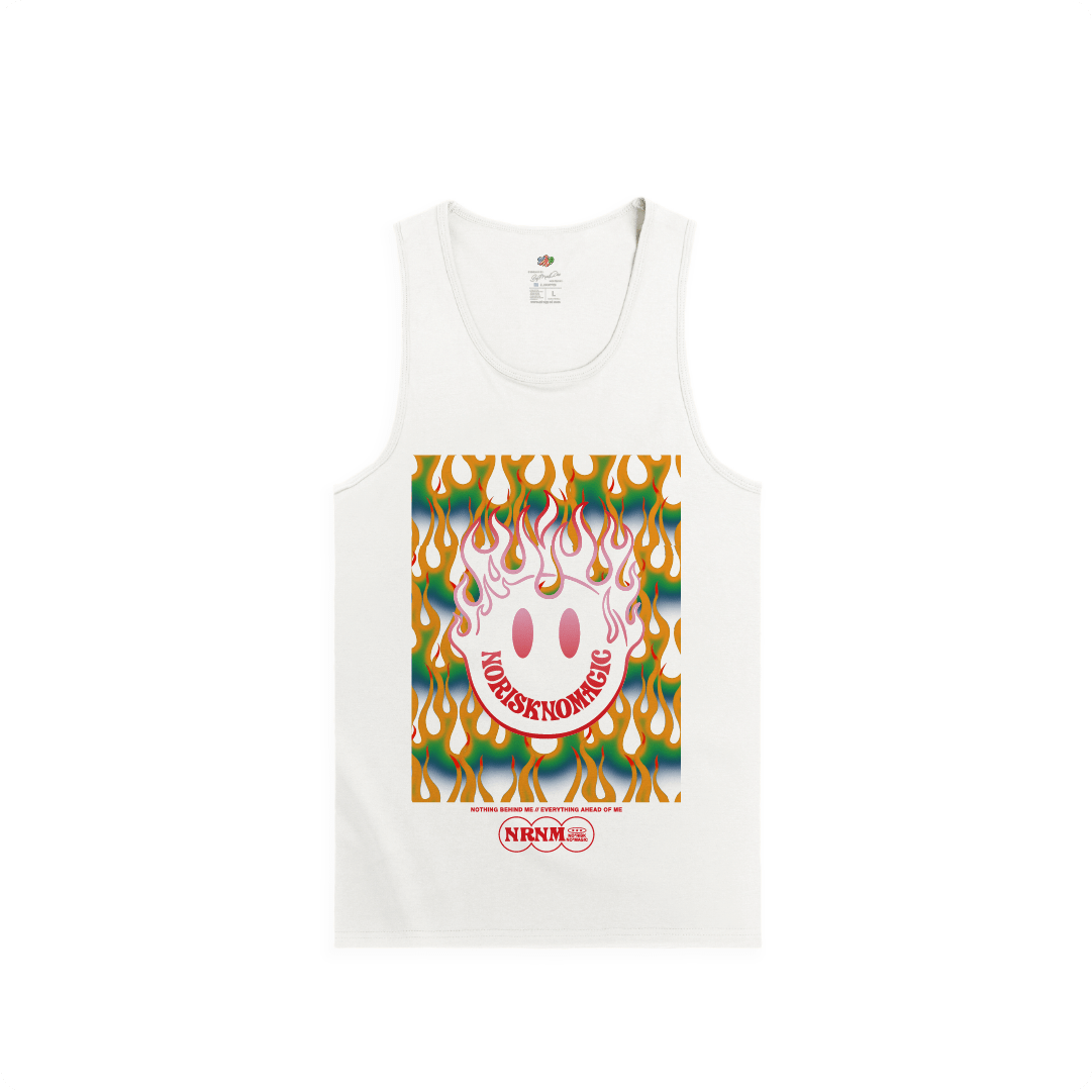 White tank top with colorful flaming smiley face graphic design on the front on a white background
