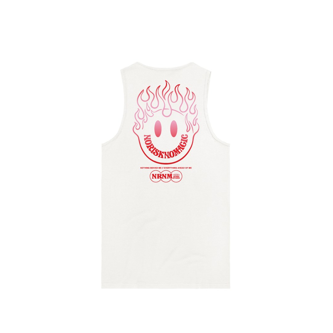 White tank top with red flaming smiley face graphic on a white background