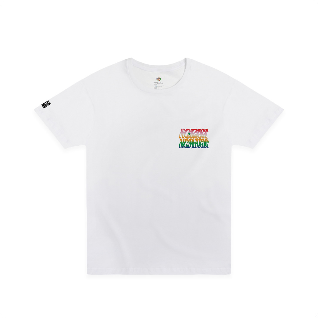 White t-shirt with colorful "No Rosk, No Magic" text design on a white background