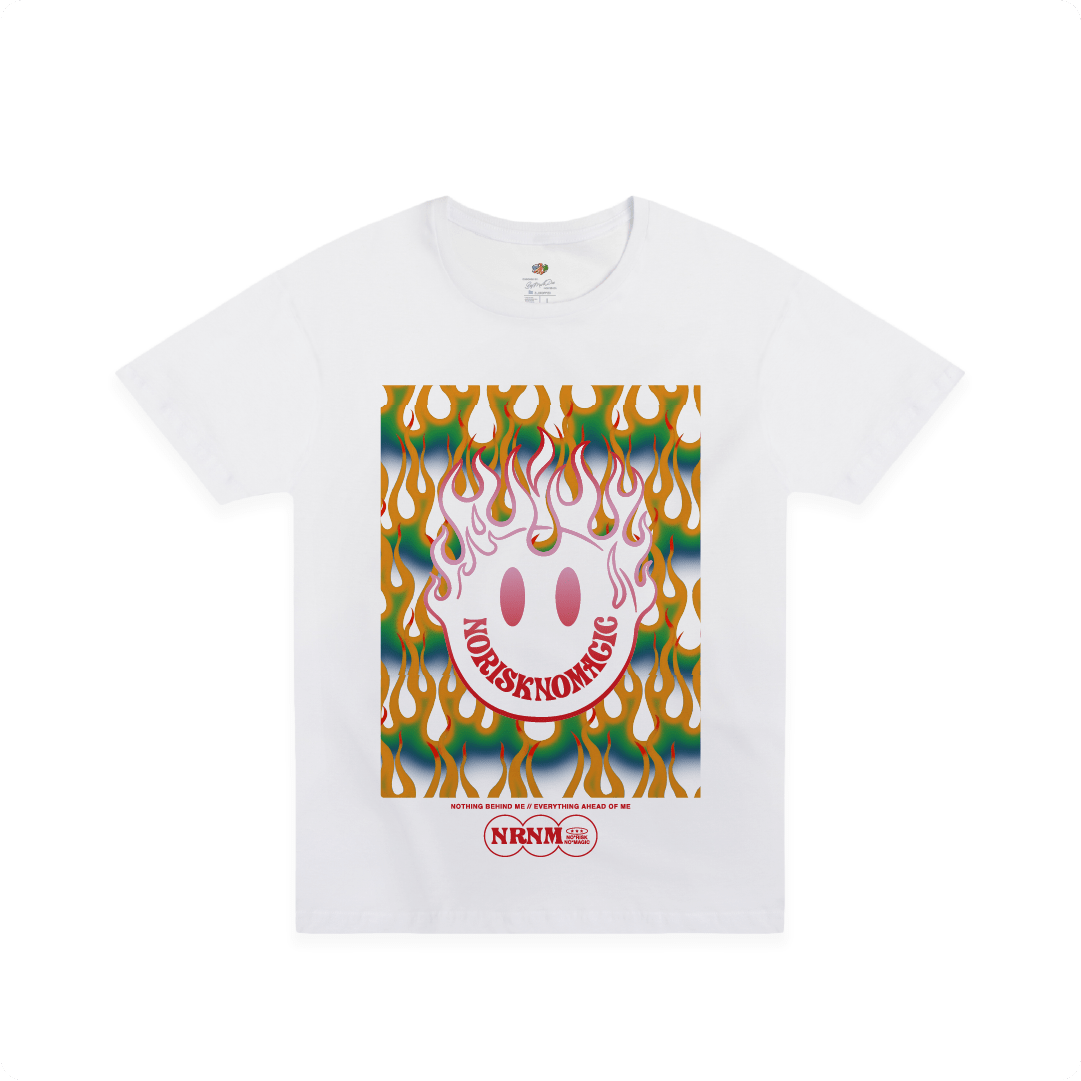 White t-shirt with colorful happy face and flame graphic and 'NRNM' logo on a white background