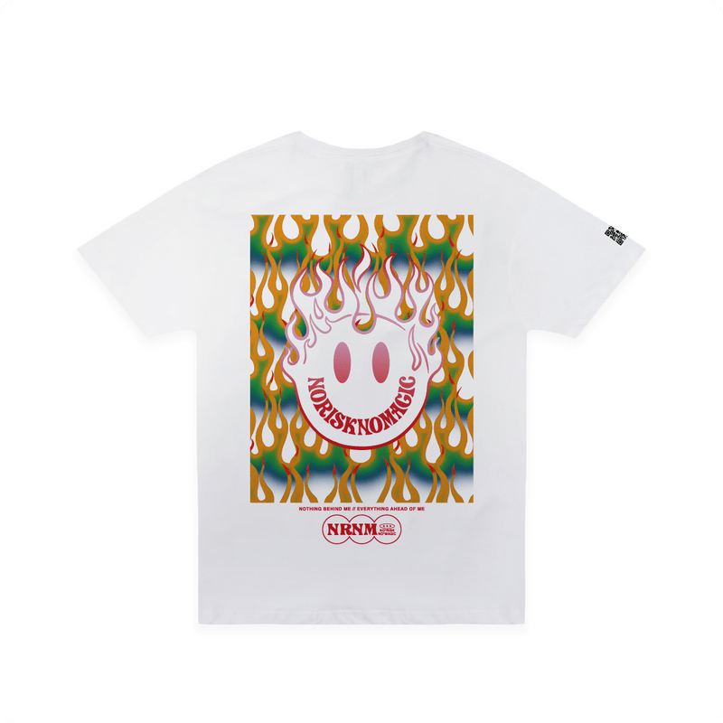 White t-shirt with colorful flam,e and smiley face graphic on a white background