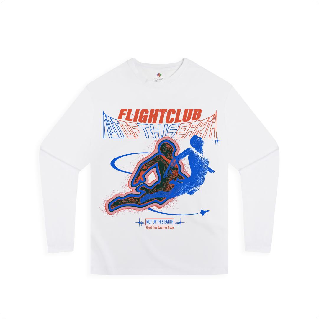 White long-sleeve shirt with 'FLIGHTCLUB' graphic design on a white background