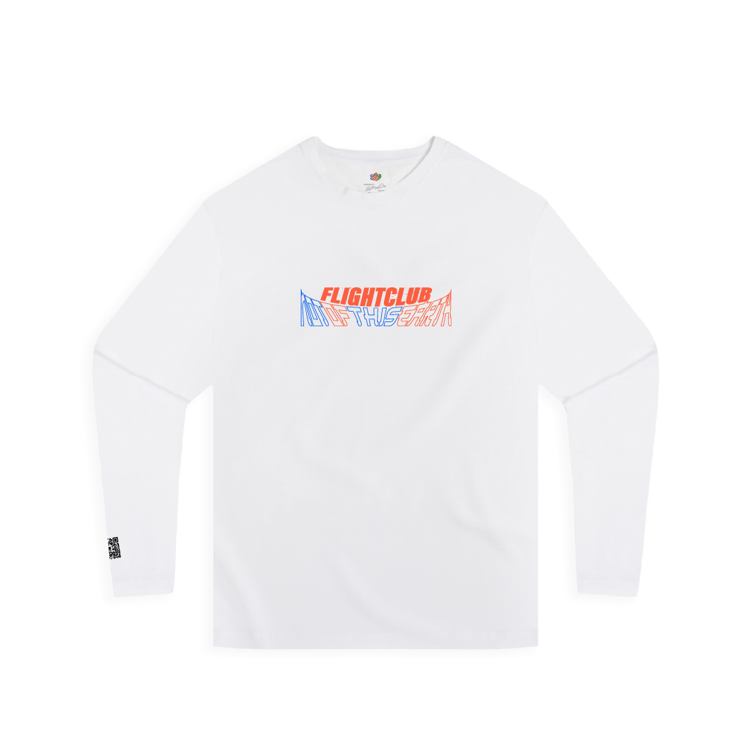 White long-sleeve shirt with colorful 'FLIGHT CLUB' text on a white background