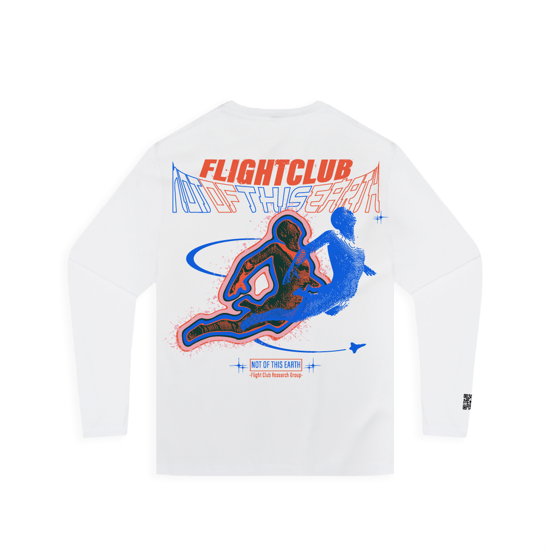 White long-sleeve shirt with 'FLIGHTCLUB' graphic design on a white background