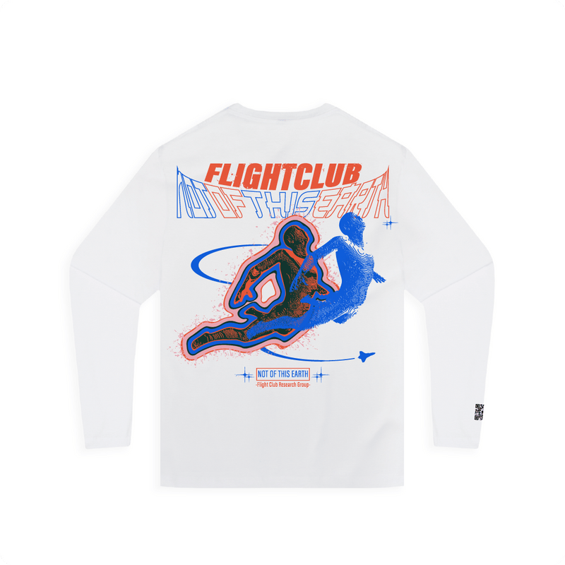 White long-sleeve shirt with 'FLIGHTCLUB' graphic design on a white background