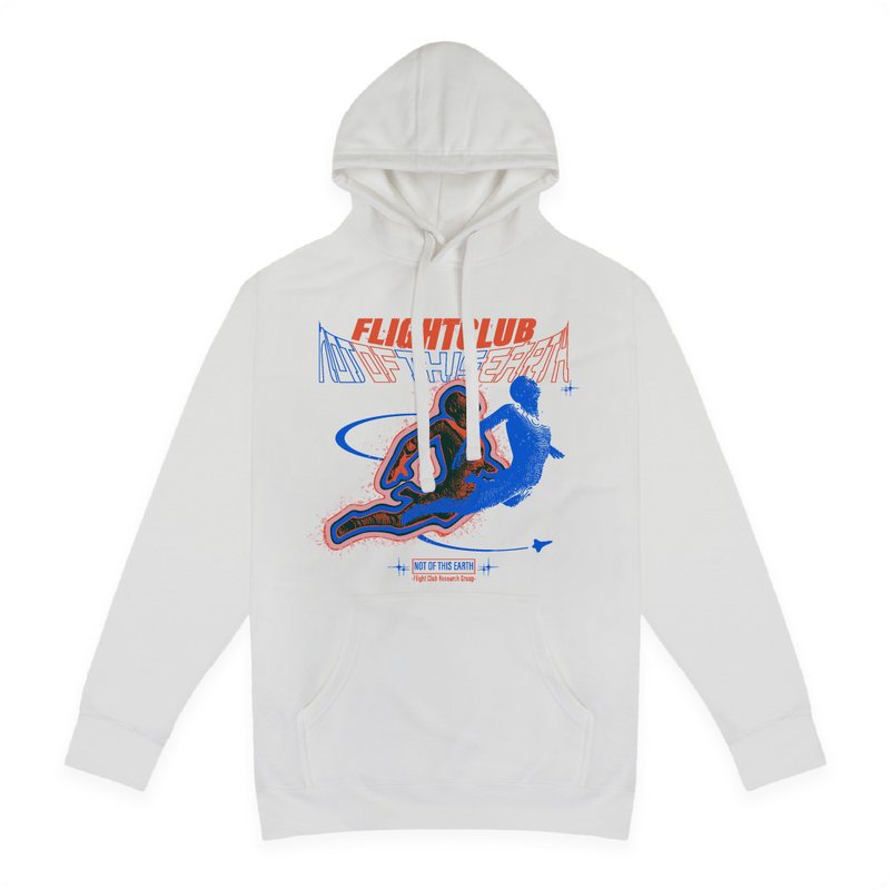 Front view of a unisex white hoodie with a large flight club, not of this earth graphic design on a white background.