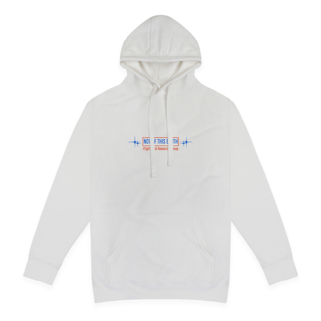 Front view of a unisex white hoodie with a flight club, not of this earth small graphic design on a white background.