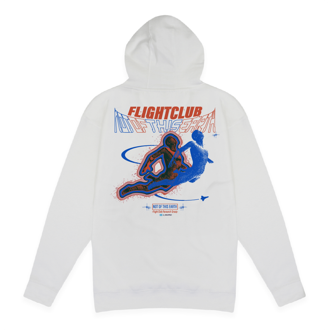 Rear view of a unisex white hoodie with a large flight club, not of this earth small graphic design on a white background.