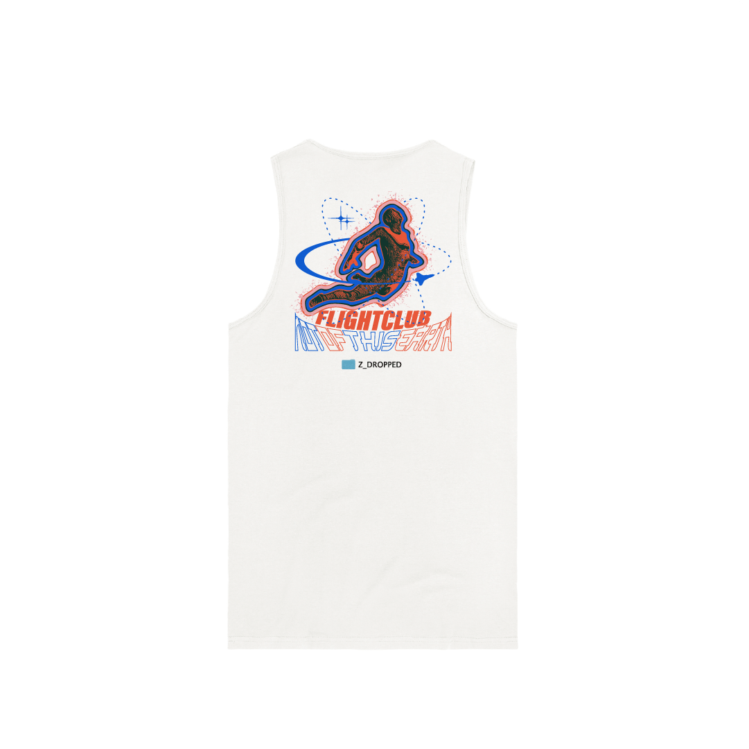rear view of a White tank top with a flightclub design on a white background