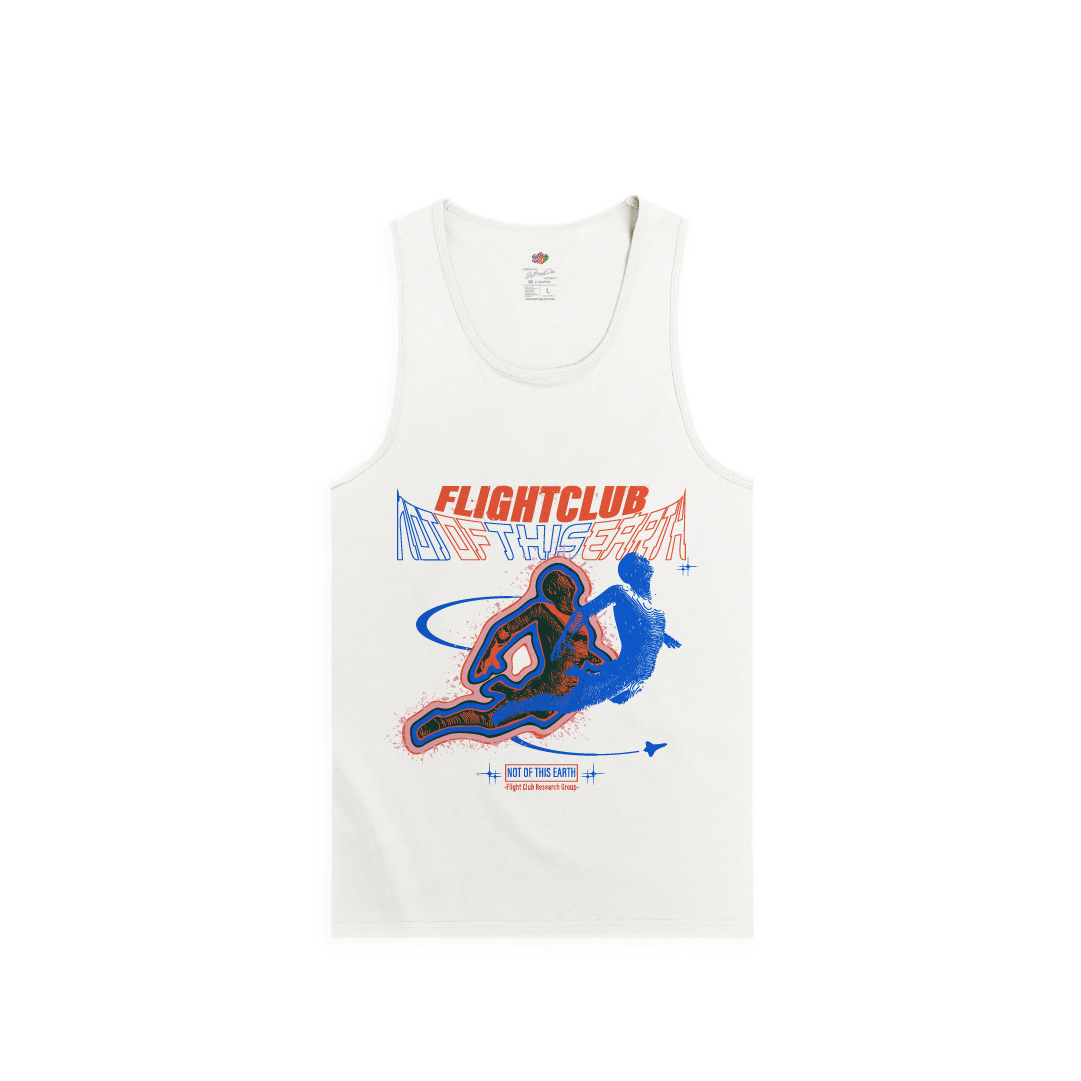 White tank top with 'FLIGHTCLUB' graphic design on a white background
